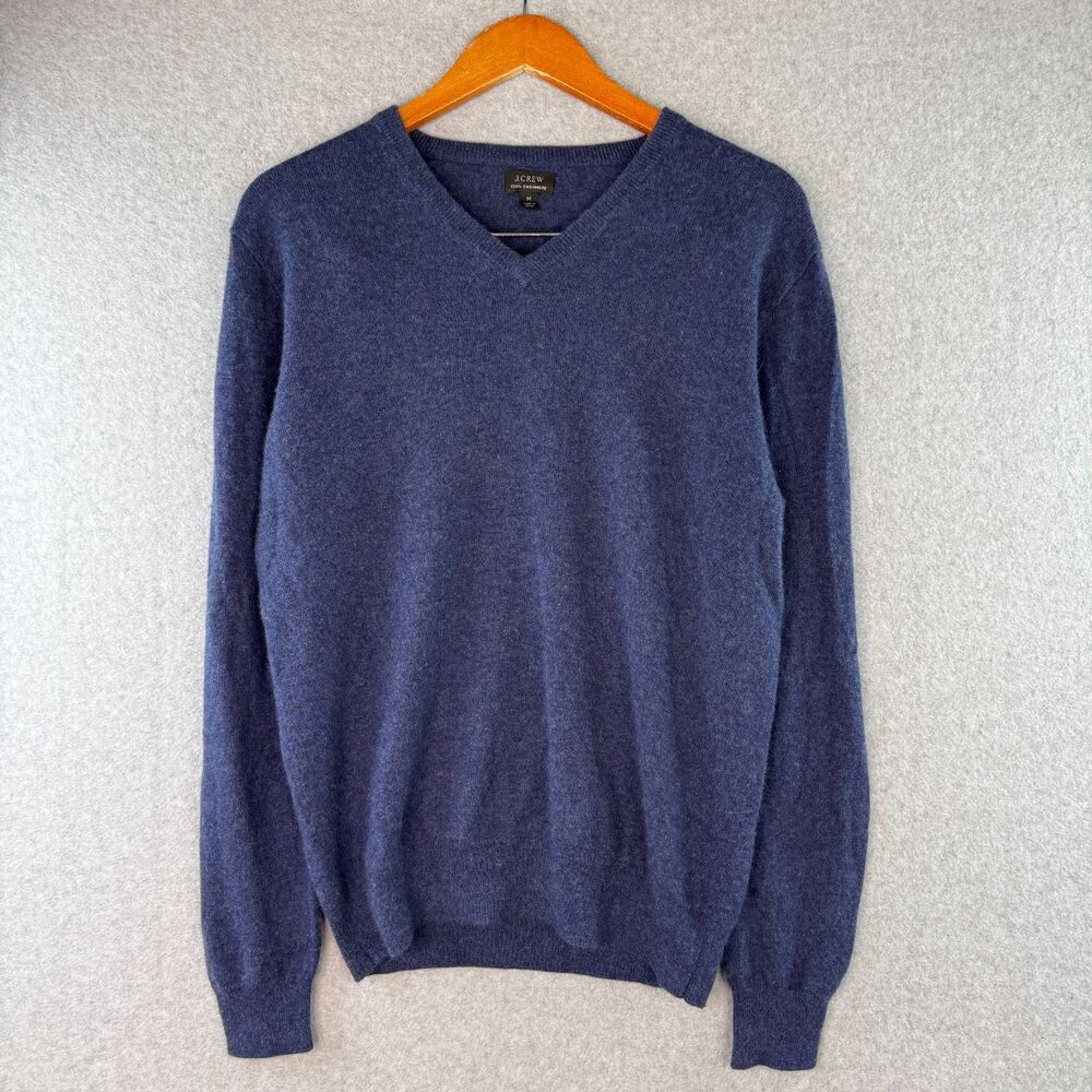J.Crew Mens Blue V-Neck Sweater 100% Cashmere Pullover Size Medium Casual Preppy